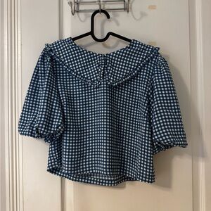 Monteau Blue Gingham Puff-Sleeve Blouse with Peter Pan Collar size M